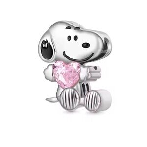Peanuts SNOOPY Holding Pink Crystal Heart S925 Sterling Silver Charm w/Gift Box